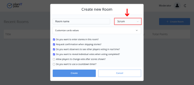 Image showing how to create a room in PlanITPoker