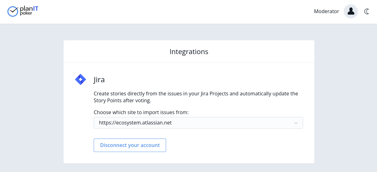 Selecting the Jira site to import issues from Selecting the Jira site to import issues from